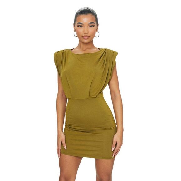 NWT PRETTYLITTLETHING Olive Green Shoulder Pad Gathered Detail Bodycon Dress - Picture 1 of 10